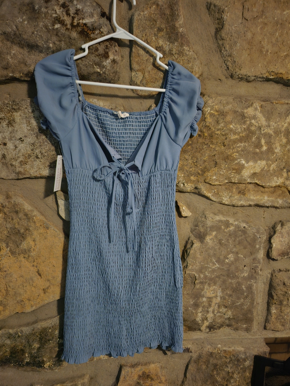 Smocked Light Blue Women's Summer Dress with Tie Front